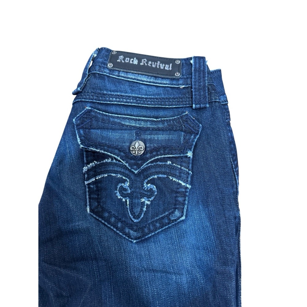 🔥Rock Revival 🤑Women Debbie Bootcut Low Rise Jeans Sz 28 Flap Pockets Navy Y2K